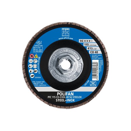 Pferd 4-1/2" x 5/8-11 Thd. POLIFAN® Flap Disc - CO-COOL SG STEELOX, Ceramic oxide, 40 Grit, Conical 62675